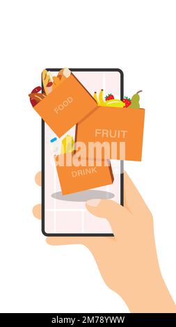 Concept de produits d'achat en ligne via une application dans un smartphone. Livraison rapide à partir d'un sac d'épicerie de supermarché avec viande, lait, fromage, œufs Illustration de Vecteur