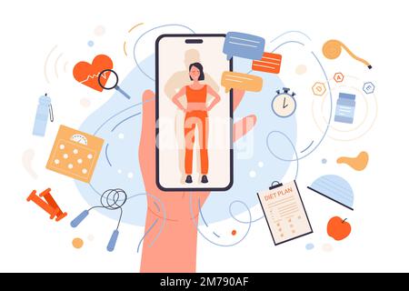 Perte de poids avec illustration du vecteur de l'application mobile. Dessin animé main tenant le téléphone avec la bonne fille mince dans les vêtements de sport à l'écran, plan de régime alimentaire avec des compléments alimentaires et de vitamines, entraînement sportif dans la salle de gym Illustration de Vecteur