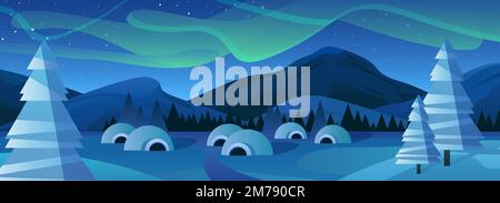 Paysage d'hiver avec montagnes et illustration vectorielle Northern Lights. Scène de neige de dessin animé avec de mignons chalets igloo, pins et aurores dans le ciel sombre, paysage naturel simple du Nord la nuit Illustration de Vecteur