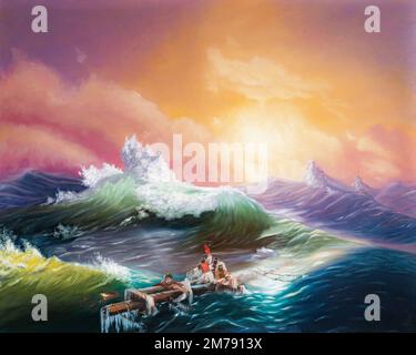 Épave de marins en mer, paysage marin en pleine tempête, peinture à l'huile Banque D'Images