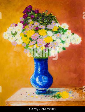 Fleurs encore en vie avec bouquet de fleurs multicolores, peinture à l'huile Banque D'Images