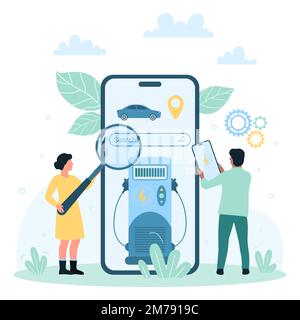 Illustration vectorielle de la station de charge de voiture électrique. Caricature de personnes minuscules avec loupe en utilisant le service de recherche sur l'écran du téléphone mobile pour trouver le point de charge pour charger la batterie de véhicule électrique Illustration de Vecteur