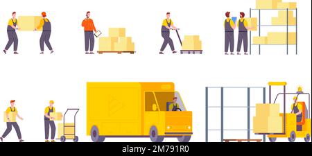 Employés de magasins. Employé ayant des stocks d'entrepôt ou des boîtes de livraison de chargement de camion de fret, charge le personnel de travail de distribution transporte le fret dans l'entreposage, illustration vectorielle de la boîte de distribution du travailleur Illustration de Vecteur