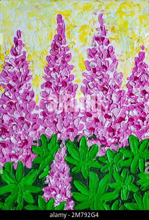 Fleurs de lupin rose, lupins dans la peinture à l'huile de jardin. Banque D'Images