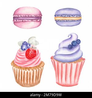 Set de desserts à l'aquarelle dessinés à la main : cupcakes et macaron avec crème fouettée et fraise, mûre et feuille de menthe. Banque D'Images