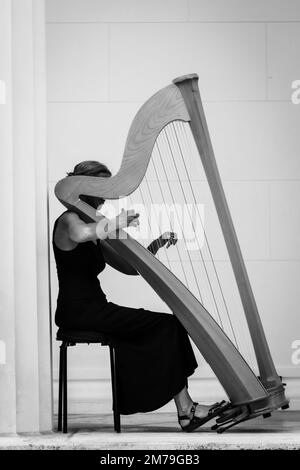 Harpiste femelle solitaire, jouant sa harpe entre les colonnes de la réplique du Temple d'Hephaestus dans le Volksgarten à Vienne, Autriche. Banque D'Images