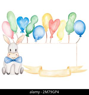 Aquarelle peint à la main joli âne et ballons cadre, enfants anniversaire couronne illustration, bébé garçon douche invite Banque D'Images