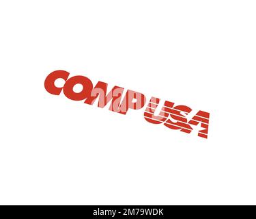 CompUSA, logo pivoté, fond blanc B Banque D'Images