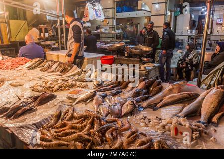 ALEXANDRIE, ÉGYPTE - 1 FÉVRIER 2019 : vue en soirée d'une cale à poissons à Alexandrie, Égypte Banque D'Images