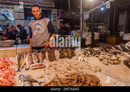 ALEXANDRIE, ÉGYPTE - 1 FÉVRIER 2019 : vue en soirée d'une cale à poissons à Alexandrie, Égypte Banque D'Images