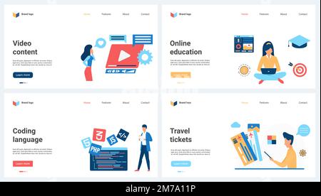 Développement de contenu vidéo, programmation et langage de codage, éducation, achat de billets d'avion set illustration vectorielle. Caricature de personnes minuscules utilisant des services et des applications en ligne pour étudier, travailler et voyager Illustration de Vecteur