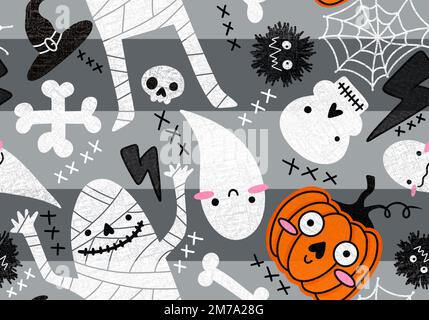 Halloween momie et citrouilles fantôme sans couture et os et crânes et motif monstres pour emballer le papier et les vêtements pour enfants, les tissus et les draps Banque D'Images