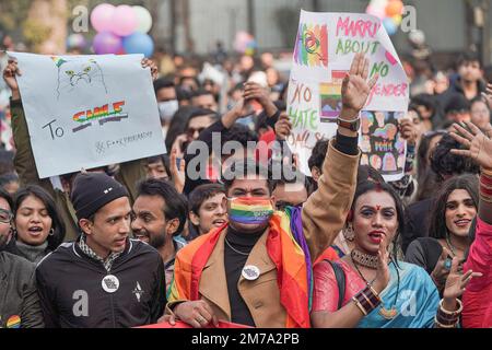 New Delhi, Inde. 08th janvier 2023. Les membres et les partisans de la communauté LGBTQAI tiennent des pancartes alors qu'ils participent à la parade de la fierté du Queer de Delhi, de Barakhamba Raod à Jantar Mantar, à New Delhi. Crédit : SOPA Images Limited/Alamy Live News Banque D'Images