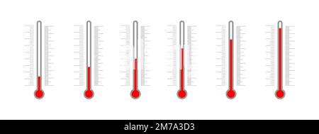 Jeu de thermomètres météorologiques avec échelles de degrés Celsius et Fahrenheit et tubes en verre avec différents indicateurs de température. Modèles d'outils de mesure climatique. Illustration vectorielle plate Illustration de Vecteur