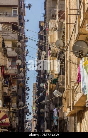 Ruelle étroite avec des plats satellites à Alexandrie, Egypte Banque D'Images