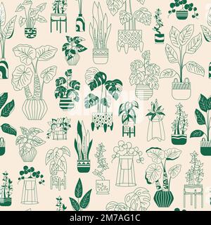 Plante en pot maison, motif tendance sans couture. Emballage sans fin pour pot de fleurs exotiques. Fleurs fleuries à imprimé botanique maison d'intérieur fleurs plantes en céramique en pot. Papier peint de jungle urbaine Illustration de Vecteur