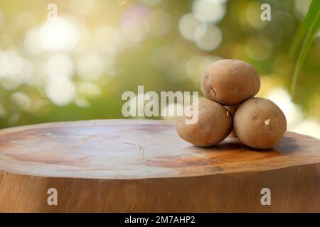 Pommes de terre germées sur une table en bois avec un fond flou et la lumière du soleil Banque D'Images