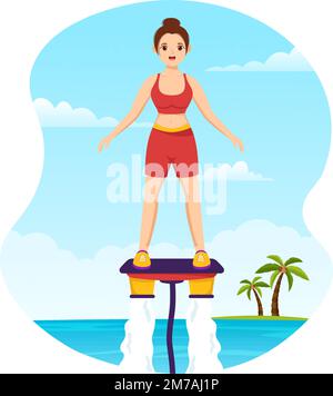 Flyboard Illustration avec les gens Riding Jet Pack en été Plage vacances dans l'eau extrême plate Sport activité dessin main modèles Illustration de Vecteur