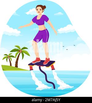 Flyboard Illustration avec les gens Riding Jet Pack en été Plage vacances dans l'eau extrême plate Sport activité dessin main modèles Illustration de Vecteur