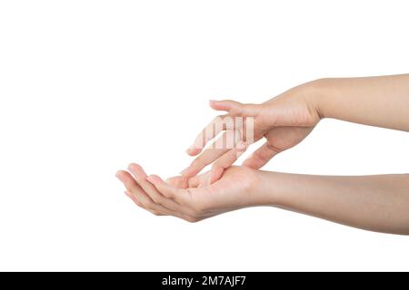 Les mains de la femme se touchent, avec un fond blanc. Banque D'Images