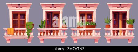 Ancienne façade de maison d'appartement, balcons avec pots de fleurs et cadres de porte de fenêtre classiques, fissures dommages sur le mur gris, lampes d'extérieur vintage. Architecture urbaine. Illustration vectorielle de proximité Illustration de Vecteur