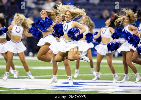 Indianapolis, Indiana, États-Unis. 08th janvier 2023. Les cheerleaders d'Indianapolis Colts se déroulent pendant le match de football de la NFL entre les Houston Texans et les Indianapolis Colts à Indianapolis, Indiana. John Mersiits/CSM/Alamy Live News Banque D'Images