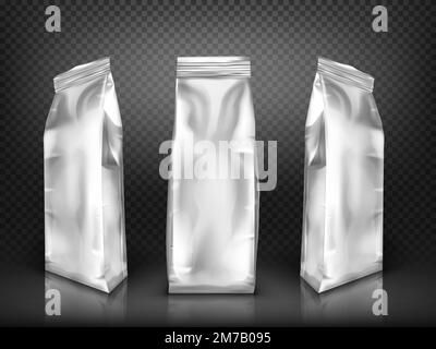 Plastique blanc vierge ou film vecteur réaliste. Sac ou pochette pour en-cas, bonbons et café, vue avant et latérale, illustrations isolées sur fond transparent, maquette pour le design de l'emballage Illustration de Vecteur