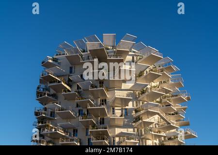 Montpellier, France - 01 05 2023 : vue paysage du célèbre monument arbre blanc ou arbre blanc avec architecture futuriste de Sou Fujimoto Banque D'Images