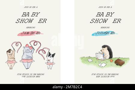 Adorable animal dessin animé bébé douche invitation carte modèles vecteur Illustration de Vecteur