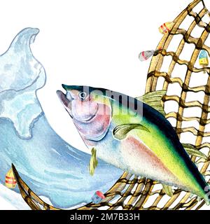 Illustration de la composition du thon et de l'aquarelle du fishnet isolée sur le blanc. Poisson frais d'océan, filet de pêche, vague de mer tirée à la main. Élément de conception pour pack Banque D'Images