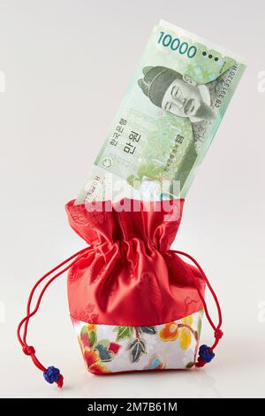 Porte-bonheur traditionnel coréen et billets coréens Banque D'Images