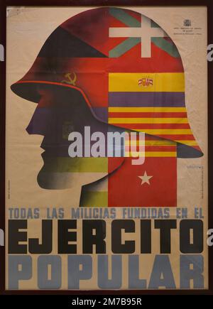 Guerre civile espagnole (1936-1939). Affiche réalisée en 1937 par Emeterio Melendreras (1905-1996). 'Todas las milicias fundidas en el Ejército populaire' (toutes les milices ont fusionné dans l'Armée populaire). Comité délégué à la défense de Madrid. Papier et encre. Auteur: Emeterio Melendreras (1905-1996). Artista español. Banque D'Images