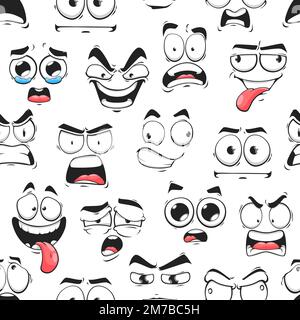 Cartoon emoji fait face à un motif sans couture. Le mal, peur et idiot, émerveillé, pleurant et riant visages expressions sans couture toile de fond ou papier peint. Textile ou papier d'emballage imprimé ou arrière-plan drôle Illustration de Vecteur