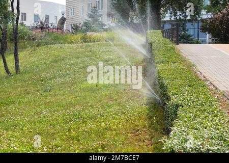 Arrosage automatique des pelouses vertes et des plantes sur la pente dans la zone de loisirs du parc de la ville. Banque D'Images