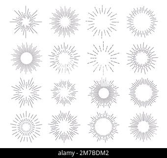 Étoiles, coups de soleil et rayons de soleil, icônes de lignes vectorielles. Éclairez les rayons radiaux rayons du soleil et des étoiles grâce à la lumière du soleil, aux rayons du soleil étincelants Illustration de Vecteur