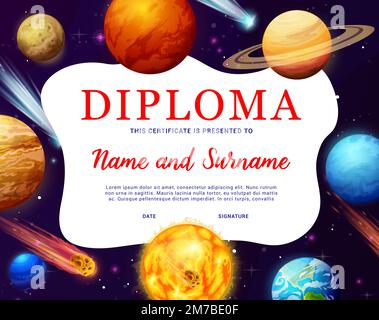 Diplôme d'exploration de l'espace pour enfants, planètes de galaxie cartoon, astéroïdes, comètes et étoiles. Modèle vectoriel pour la graduation des classes d'astronomie. Certificat scolaire avec dessin animé cosmos, cadre de récompense Illustration de Vecteur