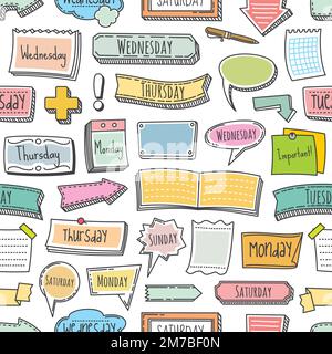 Journal à puces. Agenda Doodle éléments de calendrier motif sans couture. Arrière-plan en tissu ou papier d'emballage, imprimé sans couture en tissu, papier peint avec flèches d'esquisse, carnet, calendrier et autocollant, bulle de parole Illustration de Vecteur