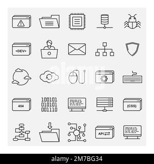 Ensemble d'icônes de contour du programmeur de développement Web. Illustration des icônes vectorielles d'encodage en ligne. Illustration de Vecteur