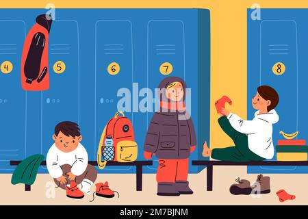 Enfants changer de vêtements. Enfants dans le vestiaire. Les élèves de l'école primaire se préparant à l'éducation physique. Chaussettes et bottes de mise pour garçons. Personnes Illustration de Vecteur