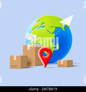 3d illustration de la livraison de l'expédition avec icône de globe et boîtes en carton, plan en papier et enveloppe avec balise géographique Illustration de Vecteur
