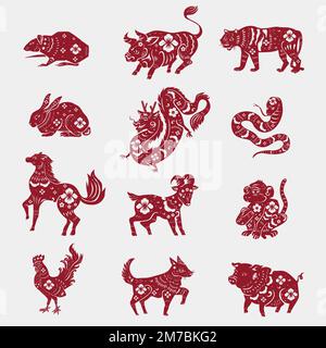 Horoscope chinois animaux vecteur rouge nouvel an autocollants ensemble Illustration de Vecteur