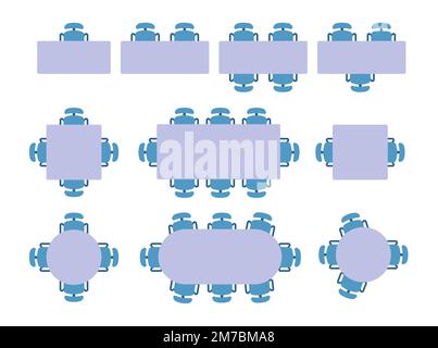 Tables carrées avec chaises de bureau, vue sur le dessus. Lieu de travail des employés. Bureaux ronds ou rectangulaires avec fauteuils. Réunion d'affaires. Conférence et Illustration de Vecteur