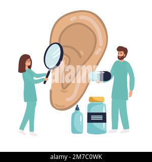 Les médecins vérifient la santé de l'oreille, de l'organe auditif. Examen médical, test et traitement de l'oreille, otolaryngologie. ENT vérifie la perte auditive. Bacille Vector Flat Illustration de Vecteur