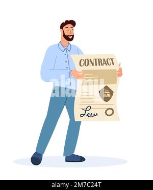 Avocat, notaire ou service d'avocat.certificat de mise en garde de l'homme ou contrat avec cachet et signature.Homme avec offre de document Service professionnel, papier de retenue de caractère.Illustration vectorielle plate de dessin animé Illustration de Vecteur