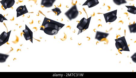 Capsules de graduation volantes avec confetti. Cadre de célébration des réalisations scolaires, collégiales ou universitaires avec chapeaux d'étudiants, modèle d'éducation réaliste Illustration de Vecteur