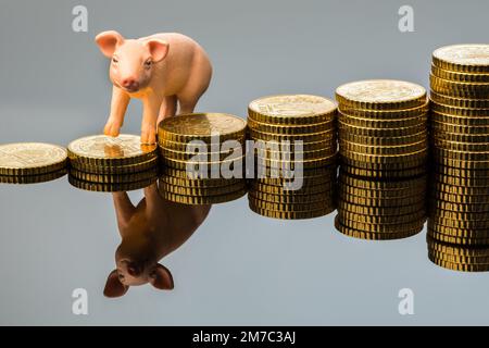 piggy banque debout sur une pile de cinquante cents pièces, vue de face Banque D'Images