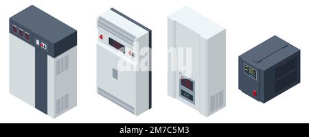 Icônes de jeu de régulateurs de tension isométriques. Un régulateur de tension est un système conçu pour maintenir automatiquement une tension constante. Illustration de Vecteur