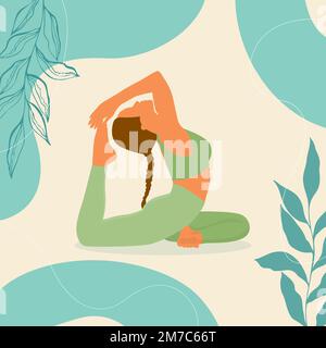 Le Roi de yoga Pigeon pose une jeune femme dans la bannière de posture Rajakapotasana avec des feuilles botaniques doodle, style boho, couleurs pastel. . Illustration vectorielle Illustration de Vecteur