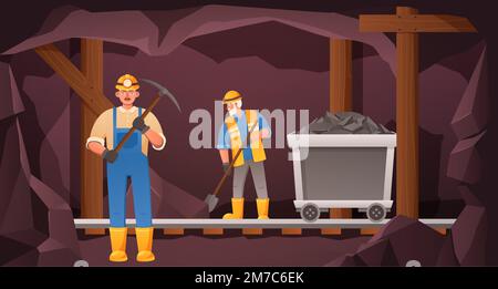 Mineurs dans une grotte de charbon. Tunnel de creusage de mine, chariot de chemin de fer avec minerai et mineur avec vecteur de pioche Illustration Illustration de Vecteur