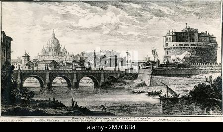 Vue sur Ponte St. Pont Angelo et Castel St. Angelo, illustration, Rome, Italie 1800s Banque D'Images